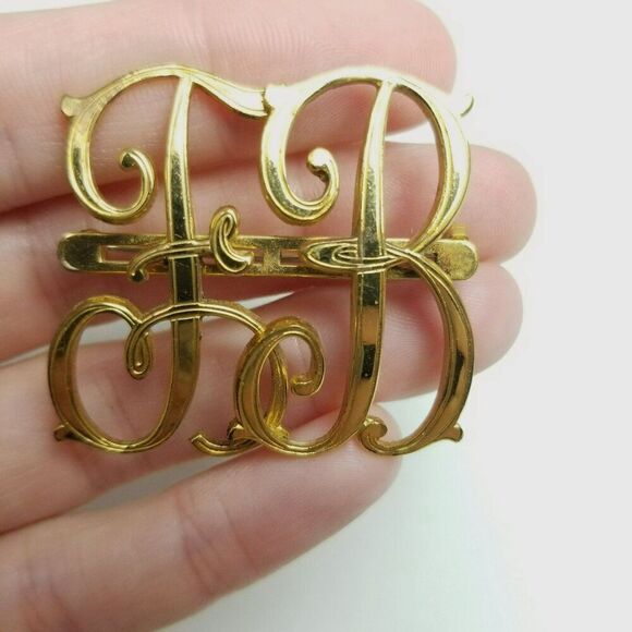 Vintage Monocraft F B Monogram Brooch Gold Tone Initial Letter Signed Pat Number - Picture 7 of 8